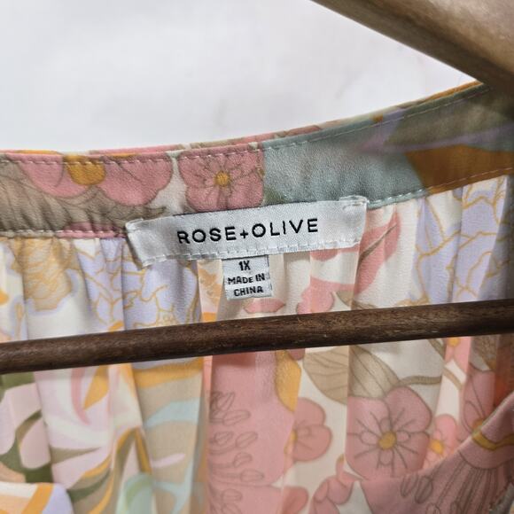 Rose + Olive Shirt Womens 1X Pink Gold Blouse Popover Retro Hippie Flower 70s - Picture 3 of 11